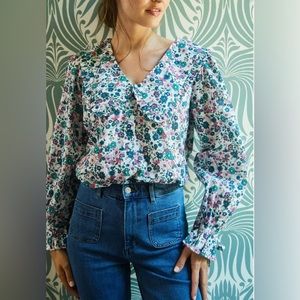 Floral V-Neck Blouse - Blue and Pink